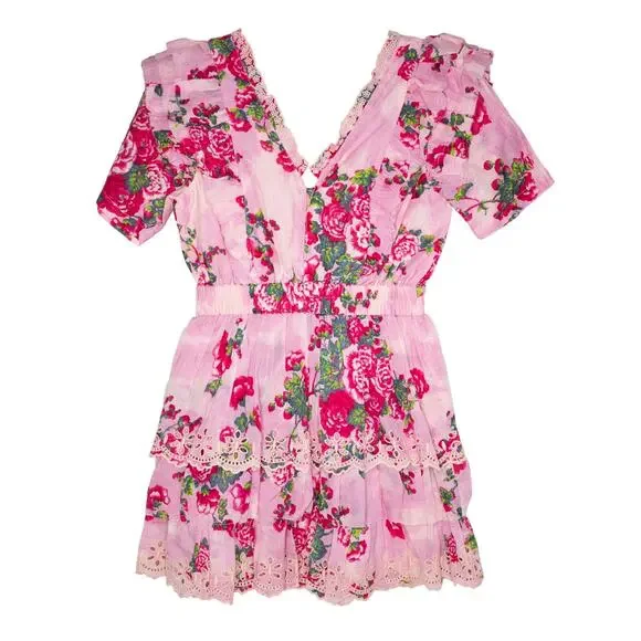 LoveShackFancy Aldina Mini Dress Pink Desert Floral Tiered Crochet SZ XS NWT - Picture 3 of 8
